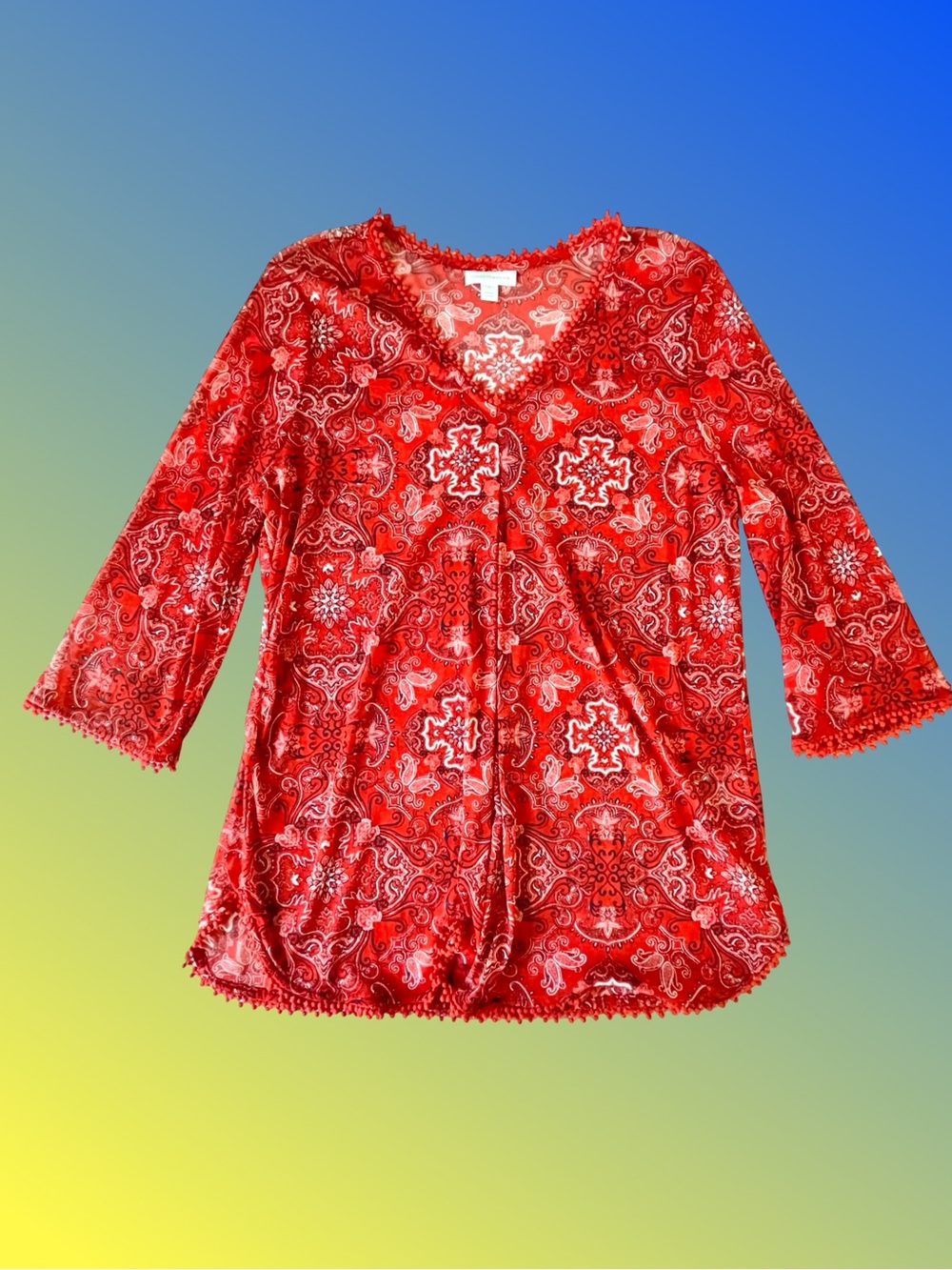 Charter Club V-Neck Red Paisley Medallion Blouse SzL